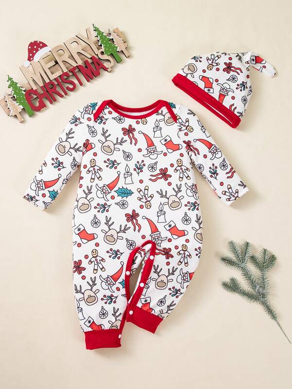 Christmas Themed Long Sleeve Jumpsuit With Hat Set, All-Over Christmas Element Print, Baby Infant Jumpsuit For Autumn/Winter
