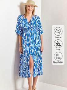BIANCO LUCCI Women's Elegant Summer Cover Up Dress In Wave Print With Relax Fit And Split Hem For Vacation And Going Out - Blue and White - View 1