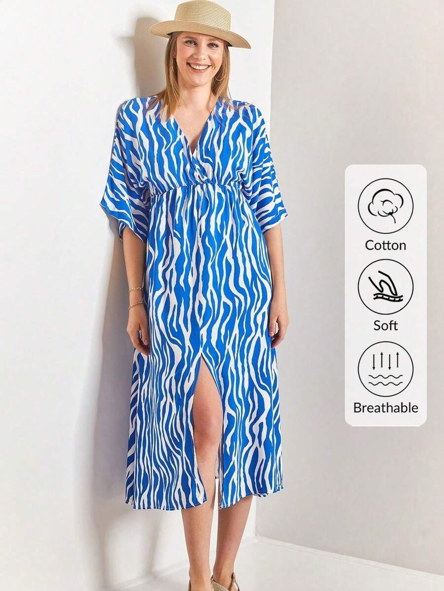 BIANCO LUCCI Women's Elegant Summer Cover Up Dress In Wave Print With Relax Fit And Split Hem For Vacation And Going Out - Blue and White - View 1