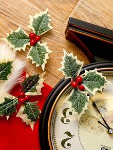 10 piezas de bayas de acebo artificial, bayas falsas con hojas verdes, decoración de flores de bayas artificiales para manualidades navideñas, tallos de bayas de acebo rojo falso para coronas, centros de mesa y decoración de cajas de regalo