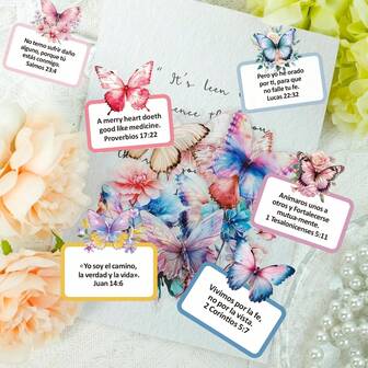 72/120pcs Spanish Bible Inspirational Stickers, Colorful Butterfly Flowers Bible Verse Stickers For Christian Planner, Sticker, Inspirational Magazine Sticker, Fan-Shaped Edge Faith Decal For Vase, Notebook, Computer Screen Back To School