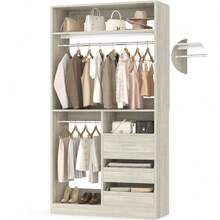 Freestanding Closet System With 2 Hanging Rods & 3 Open Drawers & 3 Shelves - 白橡木 - 查看 5