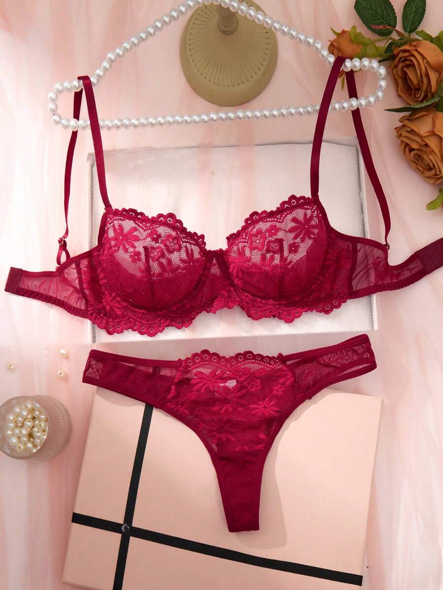 2PCS Women's Red Sexy Set With Steel Rim Lace Bra And Underwear Set Lace Two Pieces Underwear Red Christmas Gift, Sexy Flower Embroidered Mesh Translucent Underwear Set, Suitable For All Seasons