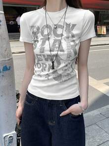 2025 Spring/Summer Women's Casual Letter Print Short Sleeve Knit T-Shirt - White - View 2
