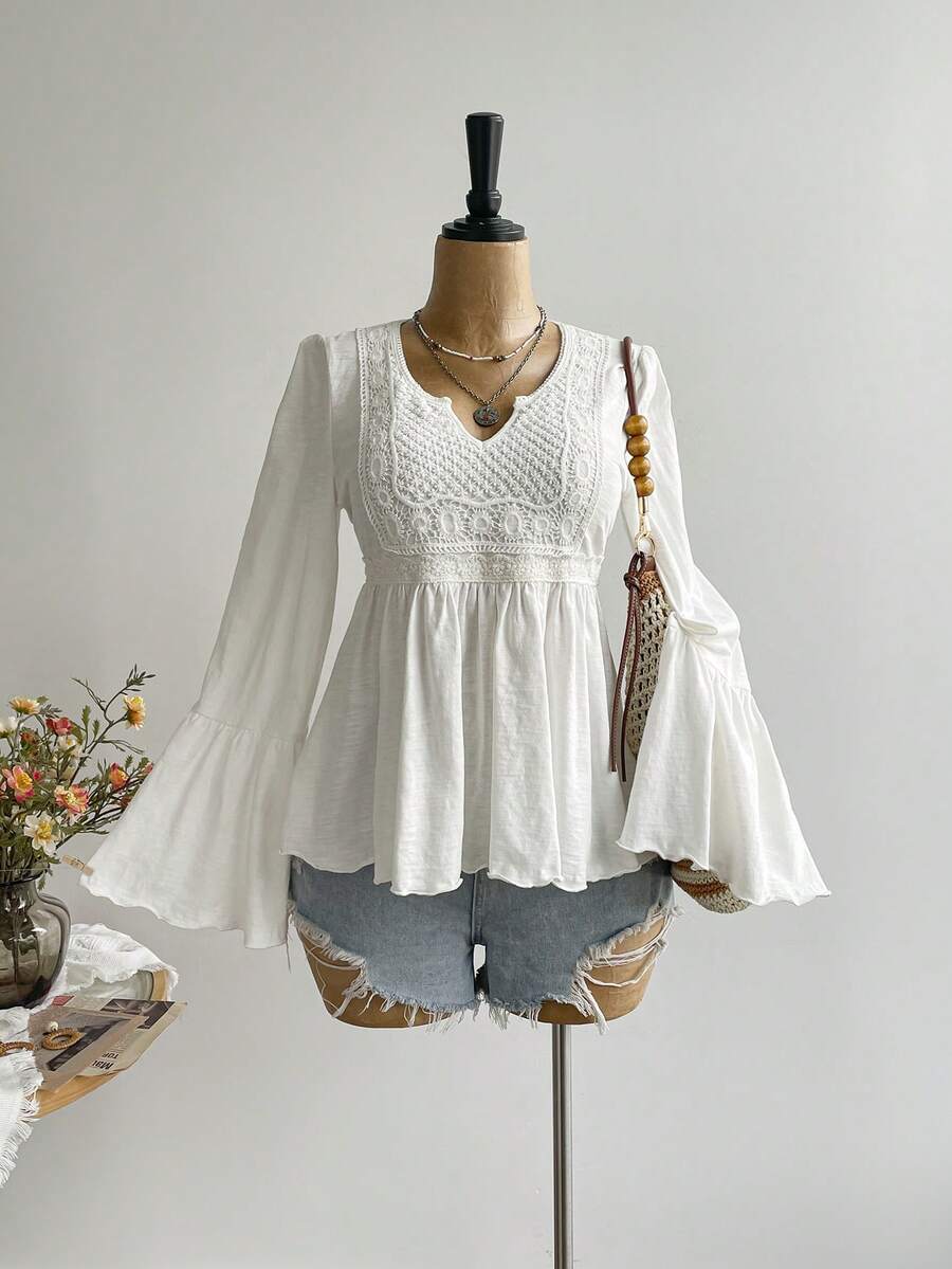 Rusttydustty 白色休闲度假喇叭袖上衣，适合波西米亚风复活节海滩装扮、夏威夷音乐节和热带度假 - 白色 - 查看 1