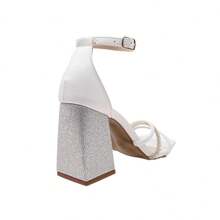 Women's Sandals, Block Heel, Rhinestone, Shiny, Straps, Billiards, Party, Wedding - White - View 4