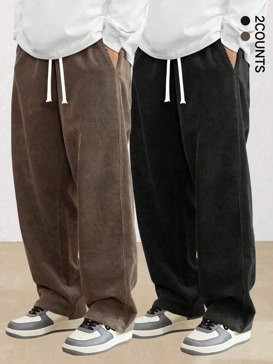 2条装加大码男士灯芯绒直筒裤，休闲纯色长裤，百搭，适合春秋冬季穿着