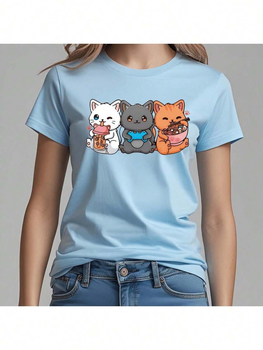 Camiseta Gatos Fofos Trio - Blusa básica estampada Camisa Algodão Casual