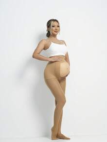 1 Or 2 Pairs Maternity Plus Size Pantyhose, High Waist Comfortable Breathable Maternity Tights With Transparent Belly Design, Slimming Leggings, Autumn - Apricot - View 2