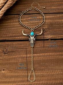 1 件复古西式椭圆形绿松石和牛头设计指环手链组合，时尚女士配饰适合日常佩戴、节日、礼物