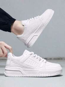 Zapatos Deportivos De Que Aumentan La Altura. Zapatillas deportivas casuales negras versátiles para jóvenes con plataforma gruesa y suela elevadora, calcetines deportivos con estampado de letras de moda,  antideslizantes, duraderos, modernos y resistentes, punta redonda, con cordones, suelas deportivas gruesas,Zapatos Casuales de Suela Gruesa Para Hombre.zapatos con punta redonda y cordones, zapatos deportivos para hombres,suelas deportivas gruesas a la moda Zapatos deportivos de color sólido para hombre, suelas redondas antideslizantes, adecuados para actividades al aire libre, caminar, citas y uso diario. - Blanco - Ver 4