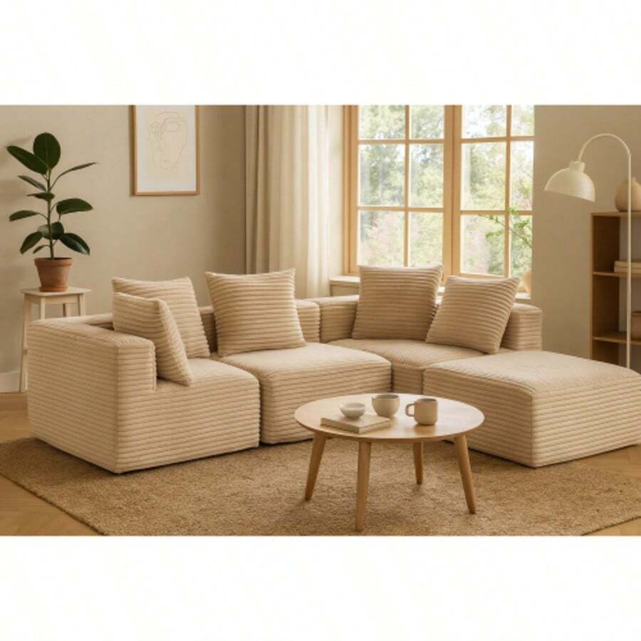 Oversized L-Shaped Modular Sofa - Modular Sofa With Soft, Deep Seat, No Assembly Required, Available In Multiple Colors, Memory Foam Cushions And Springs, Imitation Rabbit Fur Texture, Modern Living Room Furniture For Large Spaces, Space-Saving Design, Easy-To-Clean Fabric, Luxury Sofa For Apartments And Homes, Classic Minimalist Style, No Wooden Parts, Soft And Comfortable, Boneless Modular Sofa, Curved Sofa For Living Room, Single Sofa Bed Foldable, Compression Sofa - 米色 - 查看 1