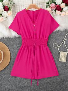 Jumpsuit Wanita Kasual Warna Polos Leher V dengan Kancing, Elegan untuk Musim Panas - Hot Pink - View 4