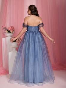 Mgiacy Elegant Plus Size Off Shoulder Chiffon Bridesmaid Dress With Appliques Romantic Cold Shoulder Long Gown - 藍色 - 查看 4