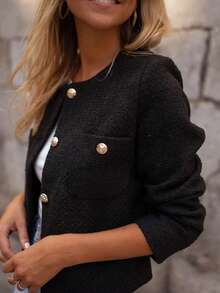 Fashionable & Elegant Solid Color Thick Wool Ribbed Front Button Office Cardigan, Autumn/Winter - Black - View 4