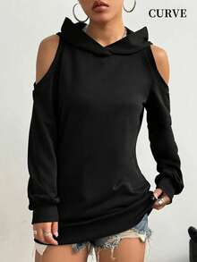 Plus Size Women's Solid Color Open Shoulder Long Hoodie Sweatshirt Spring Black - Black - View 4
