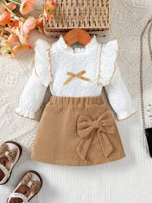 2pcs/Set Baby Girl Outfit, Autumn/Winter Adorable Lady-Like Fashion Ruffle Collar Long Sleeve Top + Bow Decor Skirt Set, Suitable For School Season, Perfect Outdoor Gift - Brown - View 6