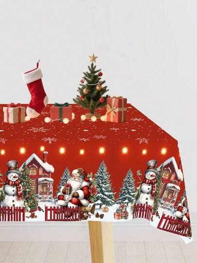 1 pezzo Tovaglia di plastica in stile retrò per Natale, 130x220cm, con motivi di Babbo Natale, pupazzo di neve, casa e albero di Natale, tovaglia rettangolare rossa monouso con fiocchi di neve, decorazione invernale per tavolo da cucina e da pranzo, decorazioni per feste di Natale, decorazioni natalizie per la casa 2025, regali ideali