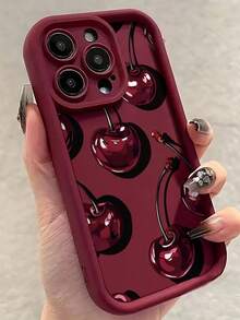 1pc Cherry Pattern 2D Printed Precise Hole Camera Protection Anti-Slip Anti-Drop Burgundy Phone Case, Matte Finish Shell Compatible With IPhone 7/8/7Plus/8Plus/11/11Pro/11ProMax/X/XR/X MAX/XS/12/12Pro/12ProMax/13/13Pro/13ProMax/14/14Pro/14ProMax/14Plus/15/15Pro/15Plus/15ProMax/16/16E/16Plus/16ProMax/16Pro, Minimalist Phone Protective Cover For Latest 17/17Pro/17ProMax/Air - Burgundy - View 1
