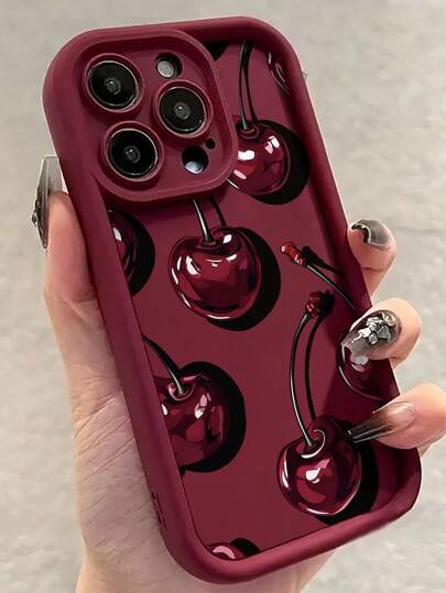 1pc Cherry Pattern 2D Printed Precise Hole Camera Protection Anti-Slip Anti-Drop Burgundy Phone Case, Matte Finish Shell Compatible With IPhone 7/8/7Plus/8Plus/11/11Pro/11ProMax/X/XR/X MAX/XS/12/12Pro/12ProMax/13/13Pro/13ProMax/14/14Pro/14ProMax/14Plus/15/15Pro/15Plus/15ProMax/16/16E/16Plus/16ProMax/16Pro, Minimalist Phone Protective Cover For Latest 17/17Pro/17ProMax/Air