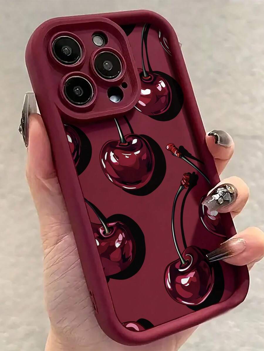 1pc Cherry Pattern 2D Printed Precise Hole Camera Protection Anti-Slip Anti-Drop Burgundy Phone Case, Matte Finish Shell Compatible With IPhone 7/8/7Plus/8Plus/11/11Pro/11ProMax/X/XR/X MAX/XS/12/12Pro/12ProMax/13/13Pro/13ProMax/14/14Pro/14ProMax/14Plus/15/15Pro/15Plus/15ProMax/16/16E/16Plus/16ProMax/16Pro, Minimalist Phone Protective Cover For Latest 17/17Pro/17ProMax/Air - Burgundy - View 1