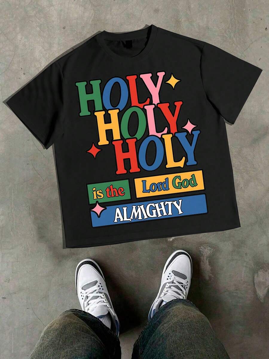 1PCS Summer Tops, Y2K Swag Tee, Lord God Almighty, HOLY HOLY HOLY, Holy Repetition, Sacred And Secular, Colors Of Faith, Almighty Humor, Spring/Summer/Fall Men Clothes, Regular Fit Shirt, Christmas & Halloween & Thanksgiving Day & Valentine's Day & Pride & Father's Day & Easter & Mother's Day & New Year & Spring Festival, Men's Round Neck Printed Short Sleeve Casual Everyday T-Shirt, They Are Excellent Gifts For Friends And Family, 100% Cotton T-Shirts Feature, A Youthful And Fashionable Design, Graphic Tees Men, Graphic Tees Women, Cachorro Feliz, Back To School - 黑色 - 查看 1
