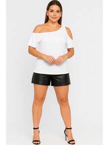Women's Basic Viscolycra Blouse Round Neck Baby Look Short Sleeve - White - View 2