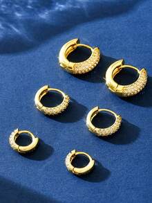 一对精美S925纯银立方氧化锆大、中、小半圆形全钻耳环，优雅珠宝，女士礼品 - 半圈滿鑽 - 查看 5