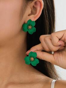 1 对可爱甜美多巴胺风格活力绿花耳钉，适合女士 - 綠色 - 查看 1