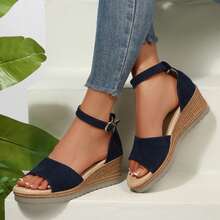 Womens Comfortable Open Toe Wedge Sandals Ankle Strap Heels Dressy Summer Platform - Navy Blue - View 5