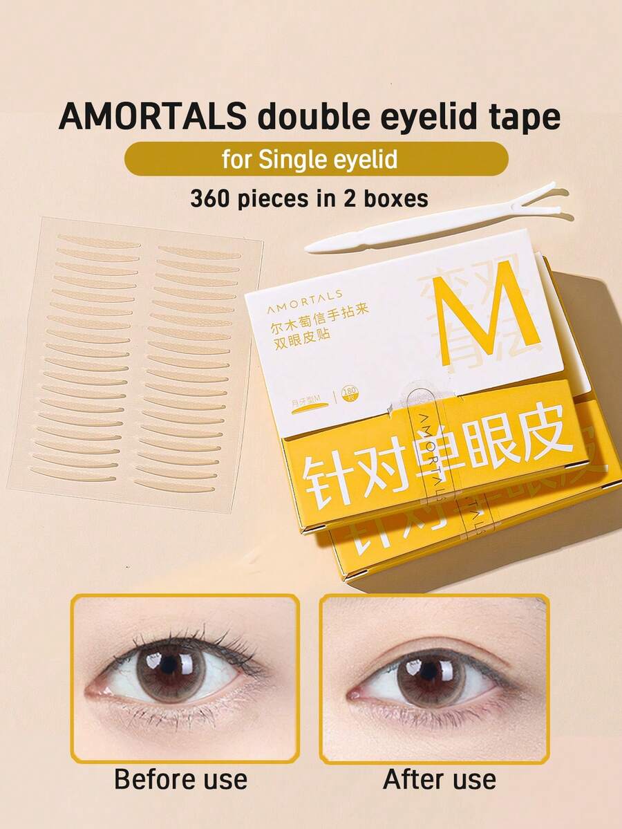Amortals 360片雙眼皮貼,月牙形,24*2.5mm,適用於單眼皮(含輔助工具),放大眼睛,隱形便捷,自然雙眼皮貼,仿生紋理,貼合肌膚,霧面無縫,薄款防水,耐汗耐用,提升下垂眼皮,強效黏性,價格實惠,適合時尚人士、初學者、化妝師,化妝工具 - 無色 - 查看 1