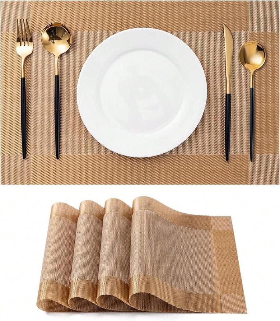 Washable Vinyl Placemats Set Of 4 For Indoor/Outdoor Use - B-four-corner-gold - View 1