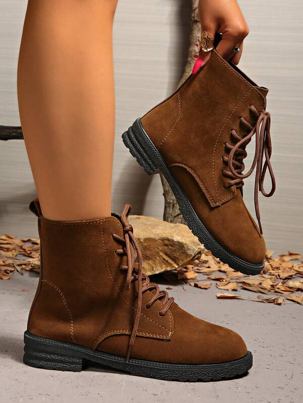 2025 neue Vintage Schnürstiefel aus Wildleder, Denim Ankle Boots mit niedrigem Absatz für Damen, ganzjährig