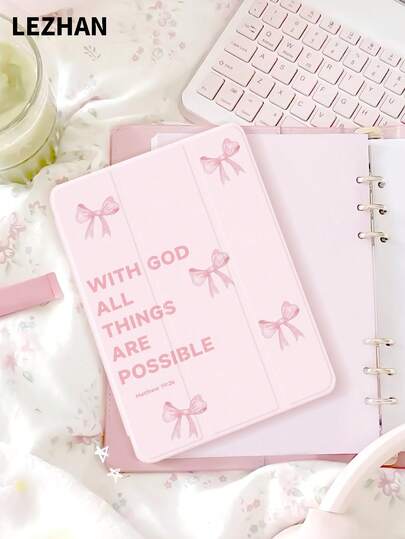 1pc Pink "With God All Things Are Possible" Slogan Tablet Protective Case, Compatible With Apple IPad 10.2", IPad Pro 11" 2021/2020/10th Gen, IPad Mini 4/5/6, Galaxy Tab A8 10.5" 2022, Matepad 10.4"/Tab, With Pencil Slot, Anti-Drop, Tablet Stand Cover