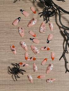 VV MEI JIA ER 24Pcs Halloween Nails Medium Long Almond Acrylic Nail Suppliers Spooky Fake Nails With Halloween Themed Designed Press On Nails, Black French Tip Nails (Ghosts, Pumpkin Witches, Vampires, Blood, Cobwebs) + 1Pc Jelly Gel + 1Pc Nail File Nail Supplies Nails - Multicolor - View 2
