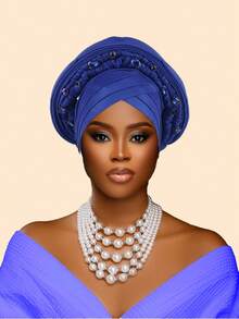 1件重工镶钻多层非洲尼日利亚婚礼头巾，适合婚礼、母亲节礼物、睡帽 - 彩色 - 查看 1