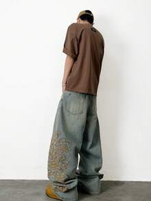 1pc Hearty Haven Men's American Fashion Embroidered Wide Leg Jeans, Casual Retro Washed Loose Long Pants (No Belt & Accessories) - Blue - View 6