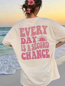 Femmes T-shirt à col d'équipage décontracté avec imprimé slogan, manches courtes, Top de style vacances mode - Blanc - Voir 5