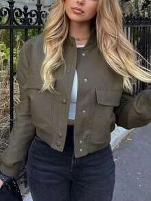 Women's 2025 Autumn/Winter Workwear Jacket With Button Closure, Ribbed Waist, Baseball Jacket, Motorcycle Jacket (With Pockets) - Xám - Xem 4