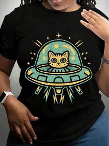 Alien Cat Women's Plus Size Sports Short Sleeve T-Shirt - màu đen - Xem 1