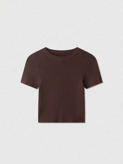Women's Solid Color Knitted Round Neck Short Sleeve Casual Cropped T-Shirt Summer