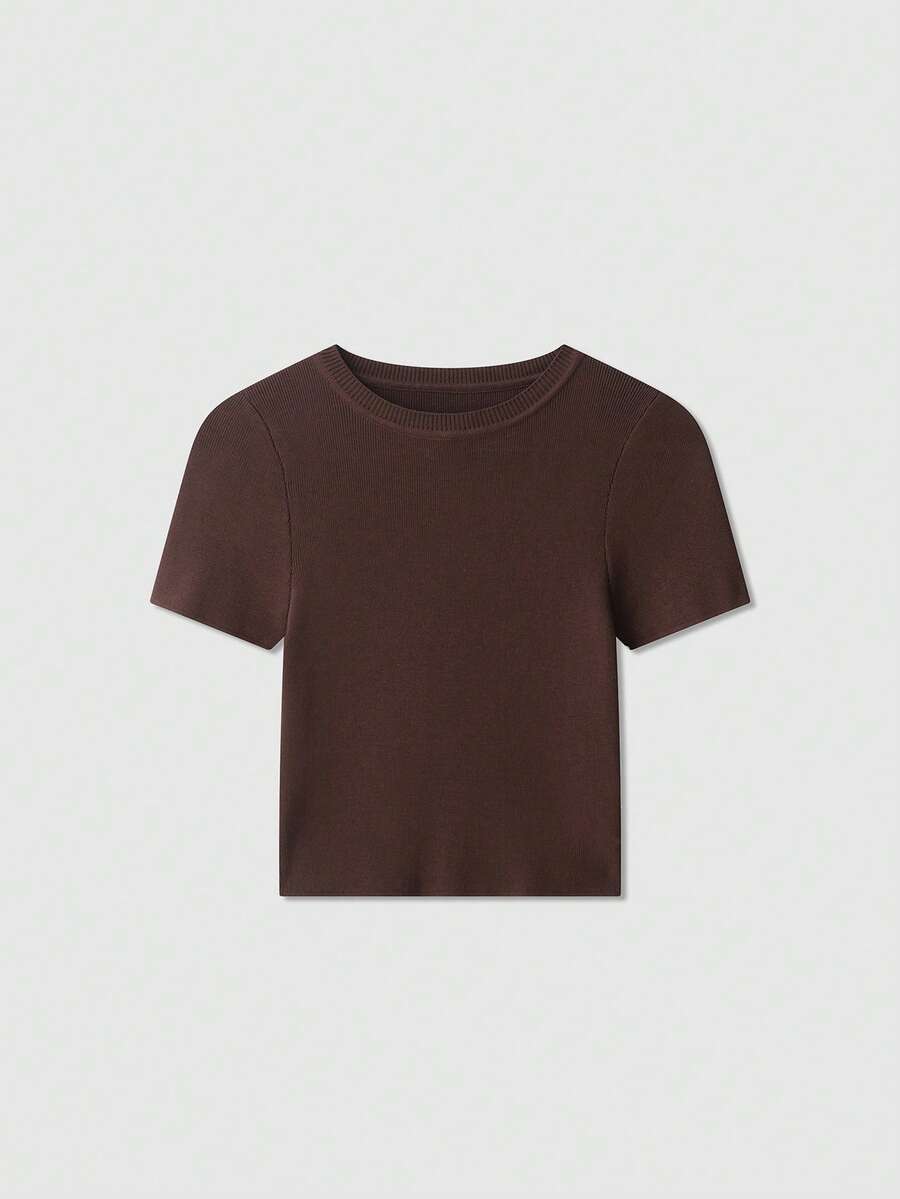 Áo thun nữ tay ngắn cổ tròn màu trơn, kiểu dáng rộng rãi, thích hợp mặc mùa hè. - màu nâu - Xem 1