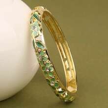 Enamel Bracelet With Hollow Leaf & 3 Floral Rhinestone Inlaid, Slim Openable Vintage Style Jewelry For Women (Batch Color May Vary Slightly Due To Handpainted Crafting)