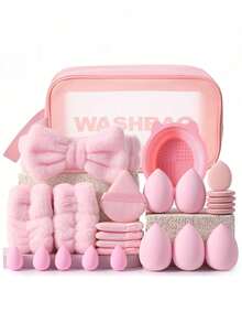 50件套化妆刷套装，化妆刷和海绵套装，美妆工具套装，混合化妆美妆工具，包括：25支化妆刷、1个化妆包、5个美妆蛋、5个粉扑、5个迷你美妆蛋、5个迷你指套粉扑、1个发带、2个腕带、1个清洁工具、化妆刷套装、化妆刷套装、化妆刷套装、完整化妆套装、化妆刷套装、化妆刷套装、化妆礼品套装、套装、赠品、专业化妆刷、完整化妆套装 - 粉色 - 查看 16