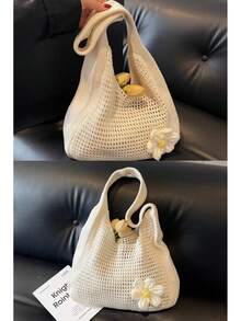 Khaki Upgraded Version Hand - Crocheted Hollow - Out Bag, Floral - Decorated Literary - Style Single - Shoulder Bag00 - 杏色 - 查看 4