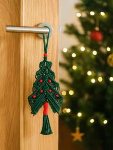 1pc Christmas Green Macrame Tree Decoration, Handwoven Christmas Ornament With Red Beads And Tassels, Christmas Tree Holiday Doorknob Hanger, Holiday Home Decor, Christmas Party Decoration, Mantel Decoration Christmas Decorations Room Decor Winter