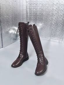 Damskie kozaki za kolano, modne jesienno-zimowe czarne, sznurowane buty motocyklowe z bocznym zamkiem, zapinane na suwak, buty do jazdy konnej za kolano. Idealne do noszenia na co dzień, na bankiety, imprezy, pokazy mody, kozaki do połowy łydki, kozaki za kolano i obuwie codzienne. Imprezowe - Brązowy - Zobacz 6