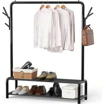 Clothes Rack With Storage Shelves And Coat/Hat Hanging Hooks, Black