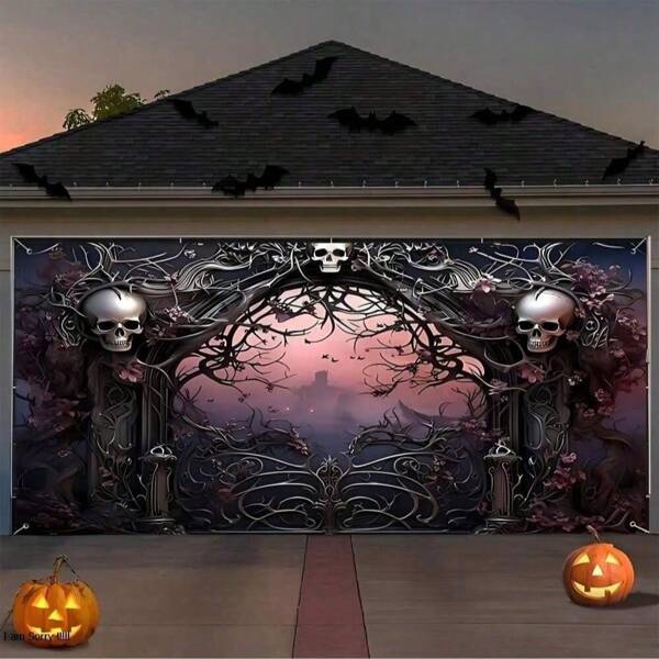 1 Halloween Haunted House Banner - Ghost Skull Garden Background - Polyester Outdoor Decoration, Suitable For Holiday Parties And Wall Decoration, No Battery Required