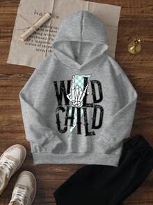 1pc Young Boy Casual Skull & Finger Print Pullover Hoodie Sweatshirt, Inspirational For Future Leaders, Thermal Lined, Autumn/Winter